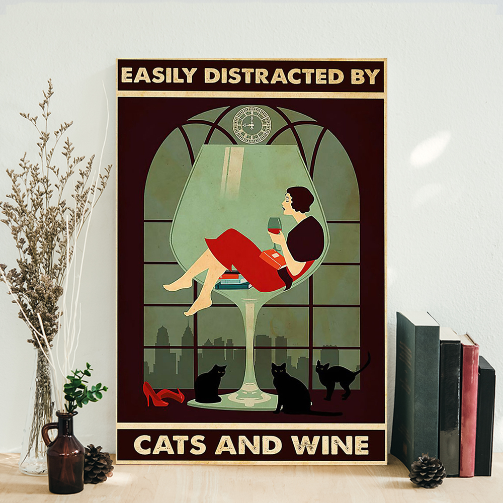 Lady Distracted By Cats And Wine Cat Poster