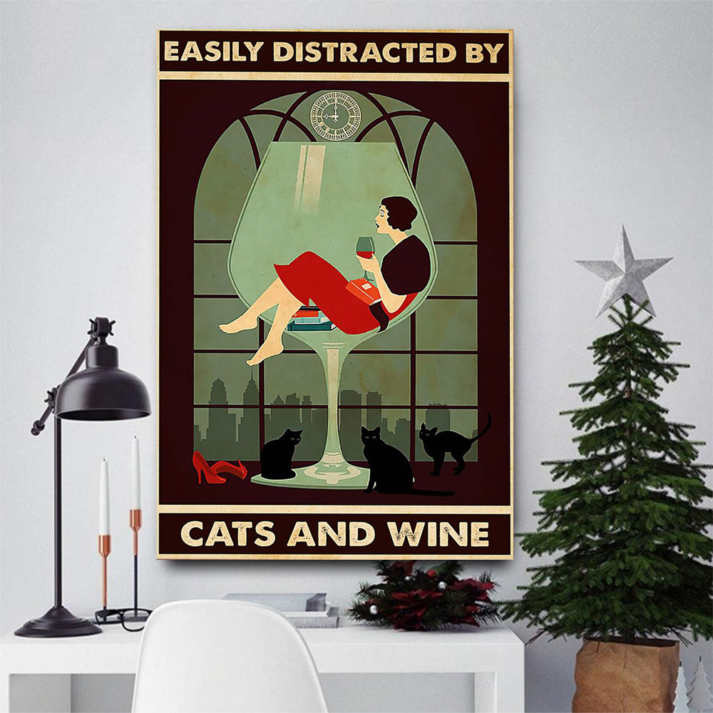 Lady Distracted By Cats And Wine Cat Poster